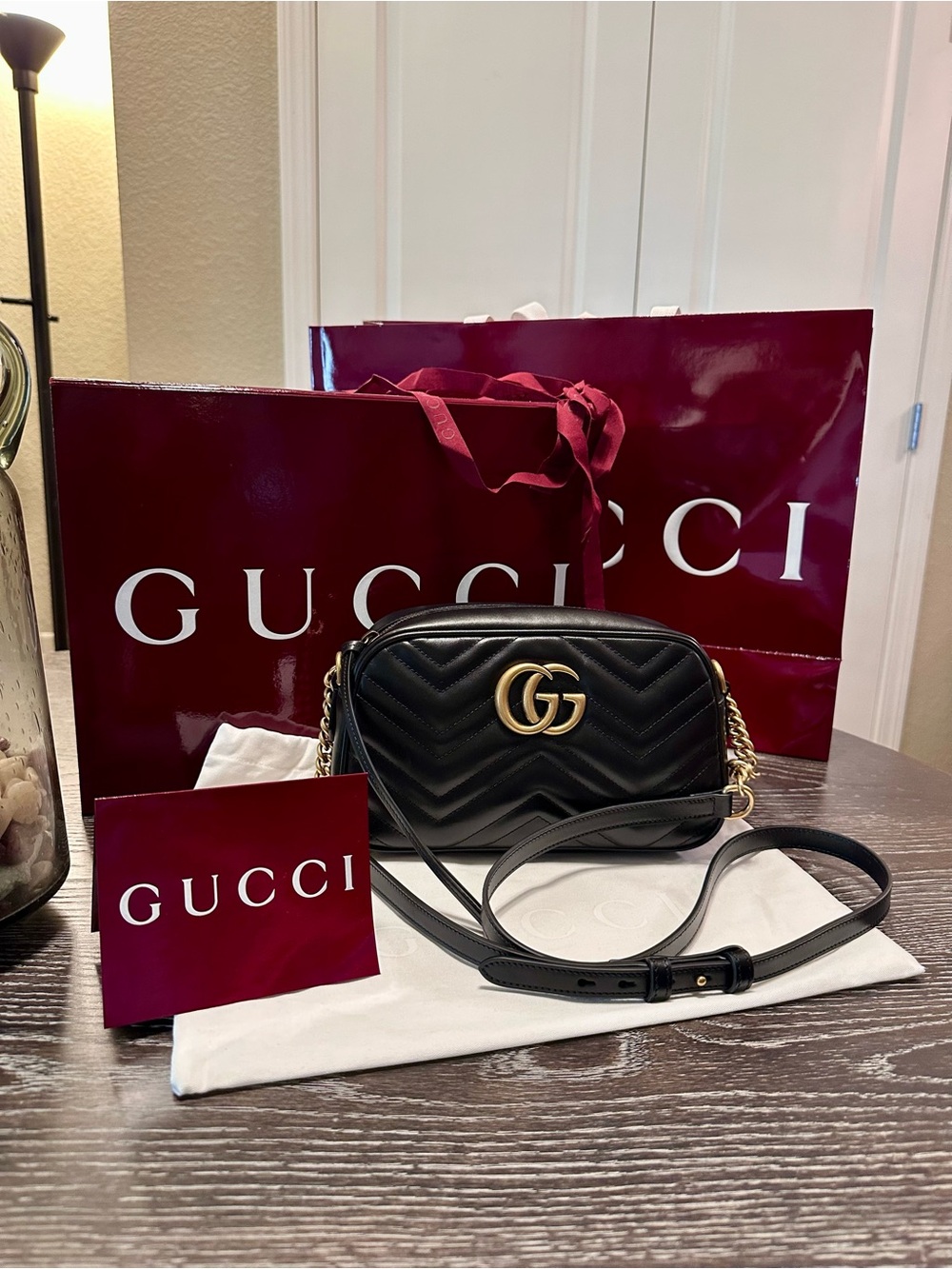 Gucci Black Matelassé GG Marmont Small Camera Bag with Gold Hardware